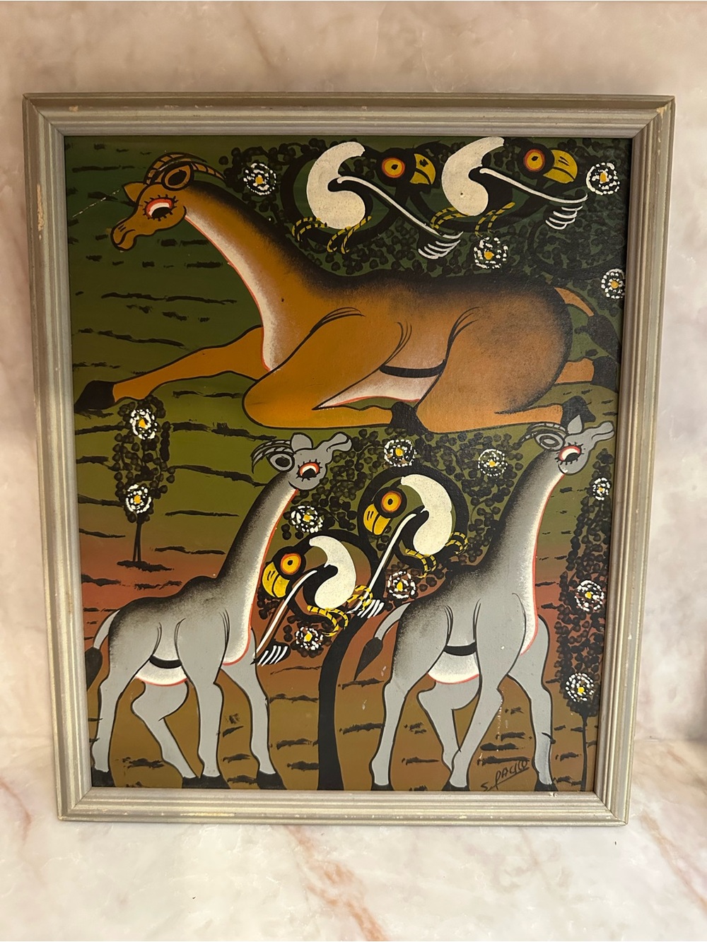 Vintage S Pacico Signed Folk Art Painting Giraffes Birds Safari Framed